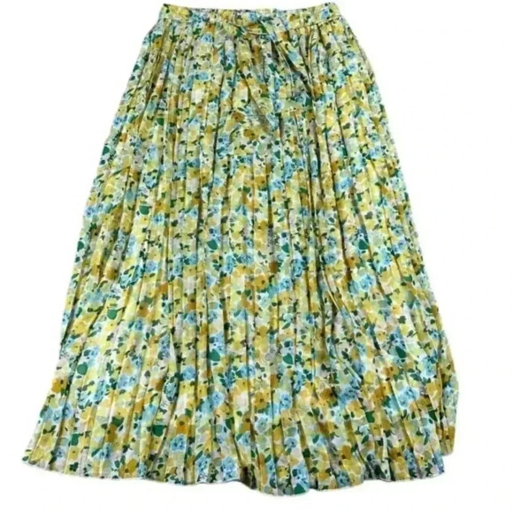 [L]Joie yellow Floral Maxi Lined Pleated Pull On Skirt  with Waist Belt - Picture 1 of 10